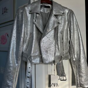 Zara Metallic Silver Leather Biker Jacket